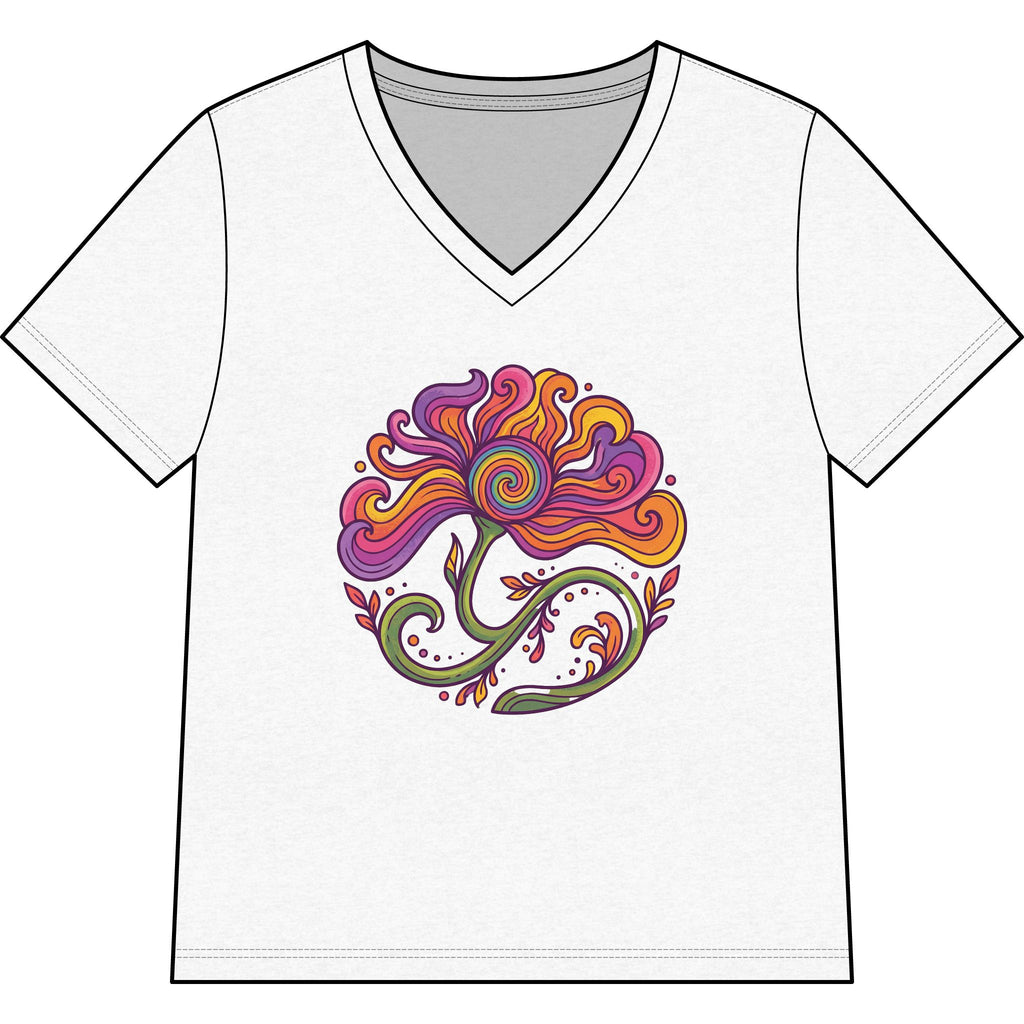 Floral Swirl V-Neck Tee — Colorful Boho Flower Graphic for Women