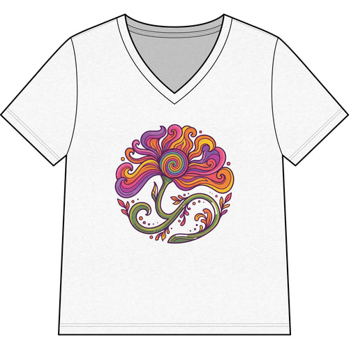 Floral Swirl V-Neck Tee — Colorful Boho Flower Graphic for Women