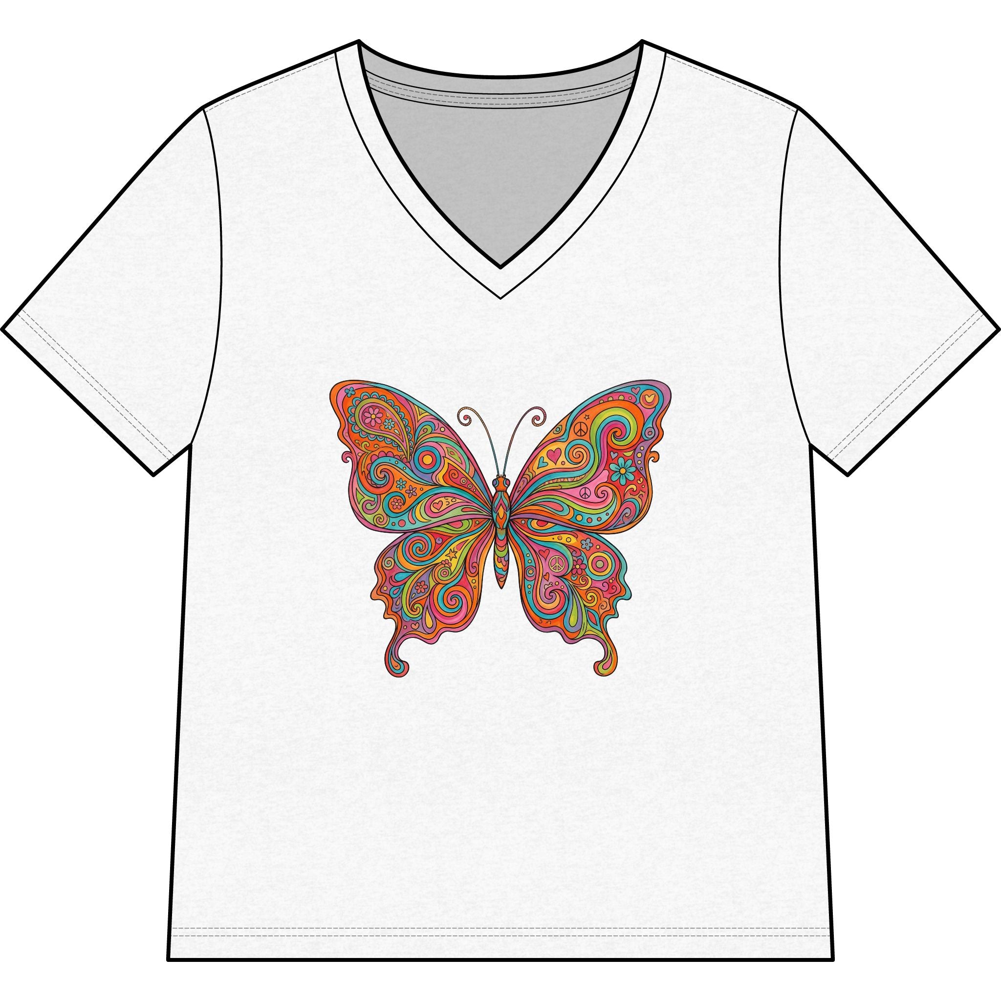 Butterfly Paisley V-Neck Tee — Colorful Boho Floral Graphic for Women