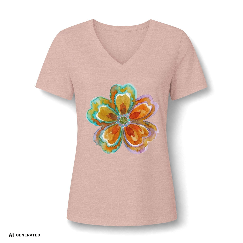 Damen V-Neck Watercolor Floral Bloom – Orange & Türkis Shirt | musikworlds Artist Collection – AI GENERATED / KI-GENERIERT