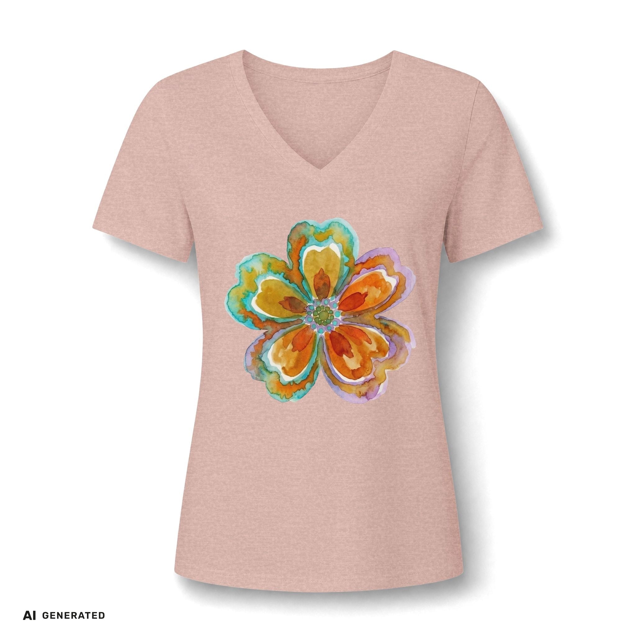 Damen V-Neck Watercolor Floral Bloom – Orange & Türkis Shirt | musikworlds Artist Collection – AI GENERATED / KI-GENERIERT