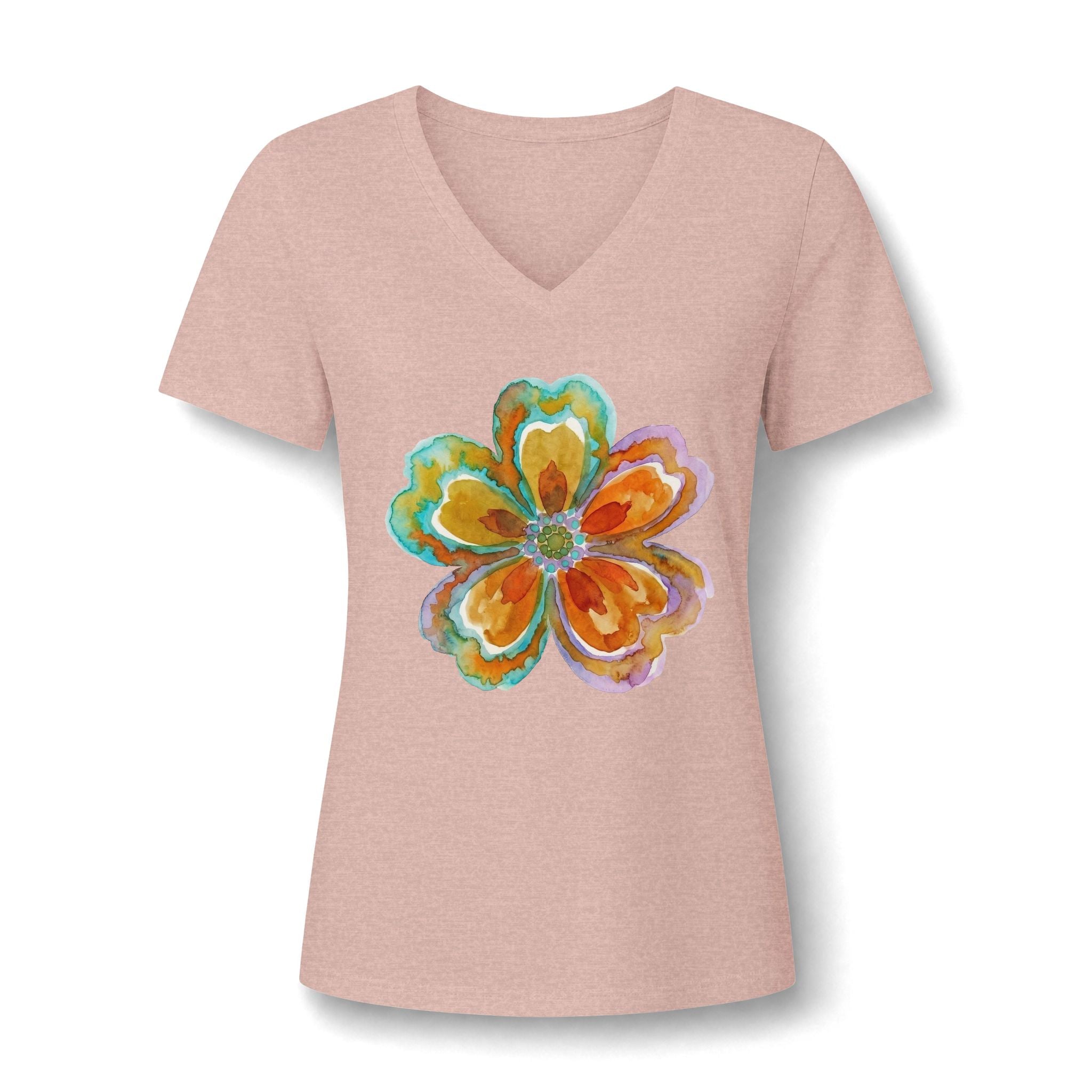 Damen V-Neck Watercolor Floral Bloom – Orange & Türkis Shirt | musikworlds Artist Collection