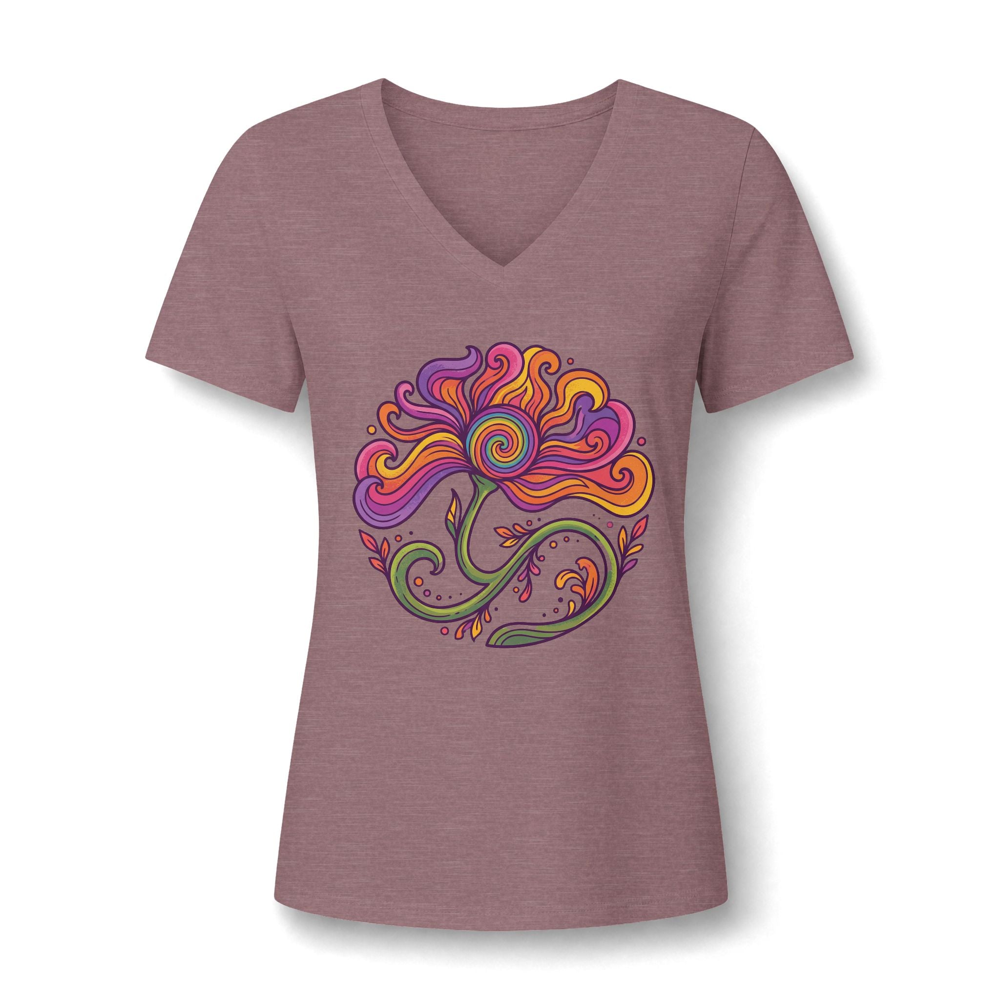 Floral Swirl V-Neck Tee – Boho Blumen Graphic Tee Damen | musikworlds Artist Collection