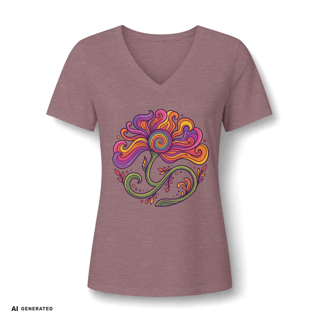 Floral Swirl V-Neck Tee – Boho Blumen Graphic Tee Damen | musikworlds Artist Collection – AI GENERATED / KI-GENERIERT