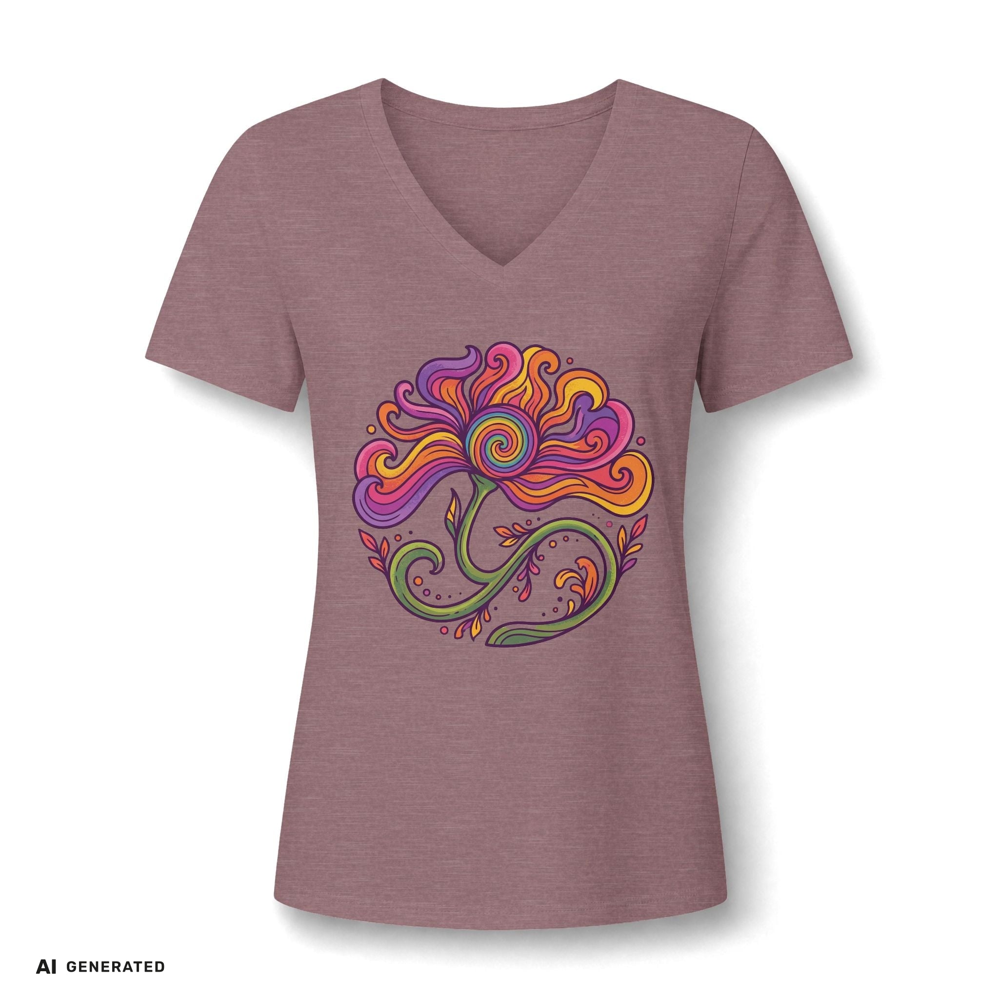 Floral Swirl V-Neck Tee – Boho Blumen Graphic Tee Damen | musikworlds Artist Collection – AI GENERATED / KI-GENERIERT