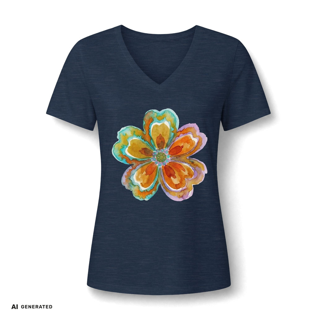 Damen V-Neck Watercolor Floral Bloom – Orange & Türkis Shirt | musikworlds Artist Collection – AI GENERATED / KI-GENERIERT