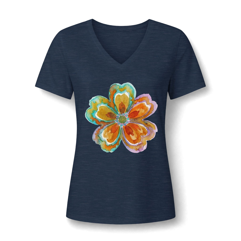 Damen V-Neck Watercolor Floral Bloom – Orange & Türkis Shirt | musikworlds Artist Collection