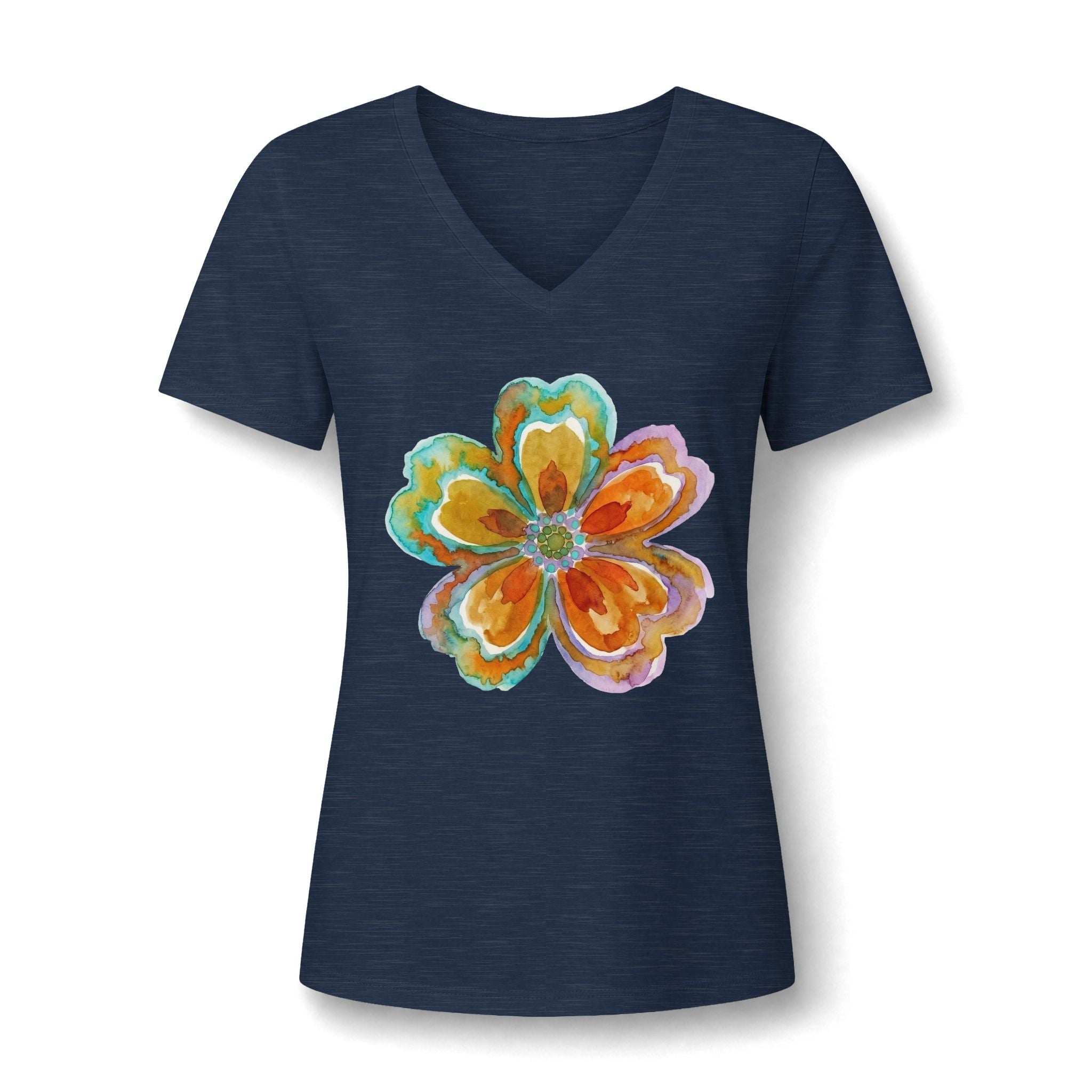 Damen V-Neck Watercolor Floral Bloom – Orange & Türkis Shirt | musikworlds Artist Collection