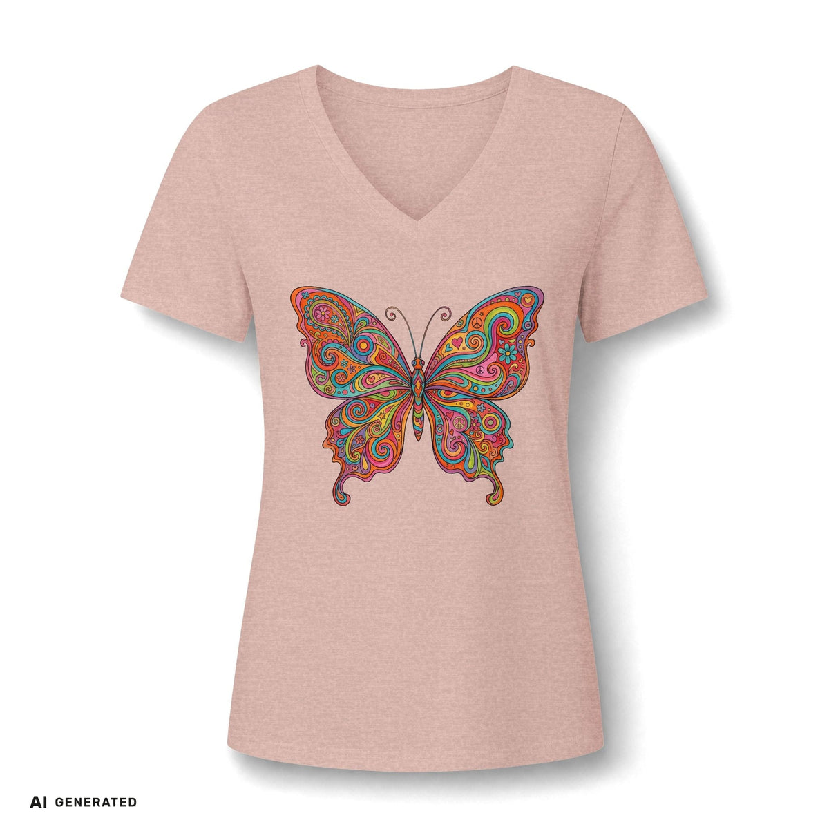 Butterfly Paisley V-Neck Tee – Buntes Boho Damen-Shirt | musikworlds Artist Collection – AI GENERATED / KI-GENERIERT