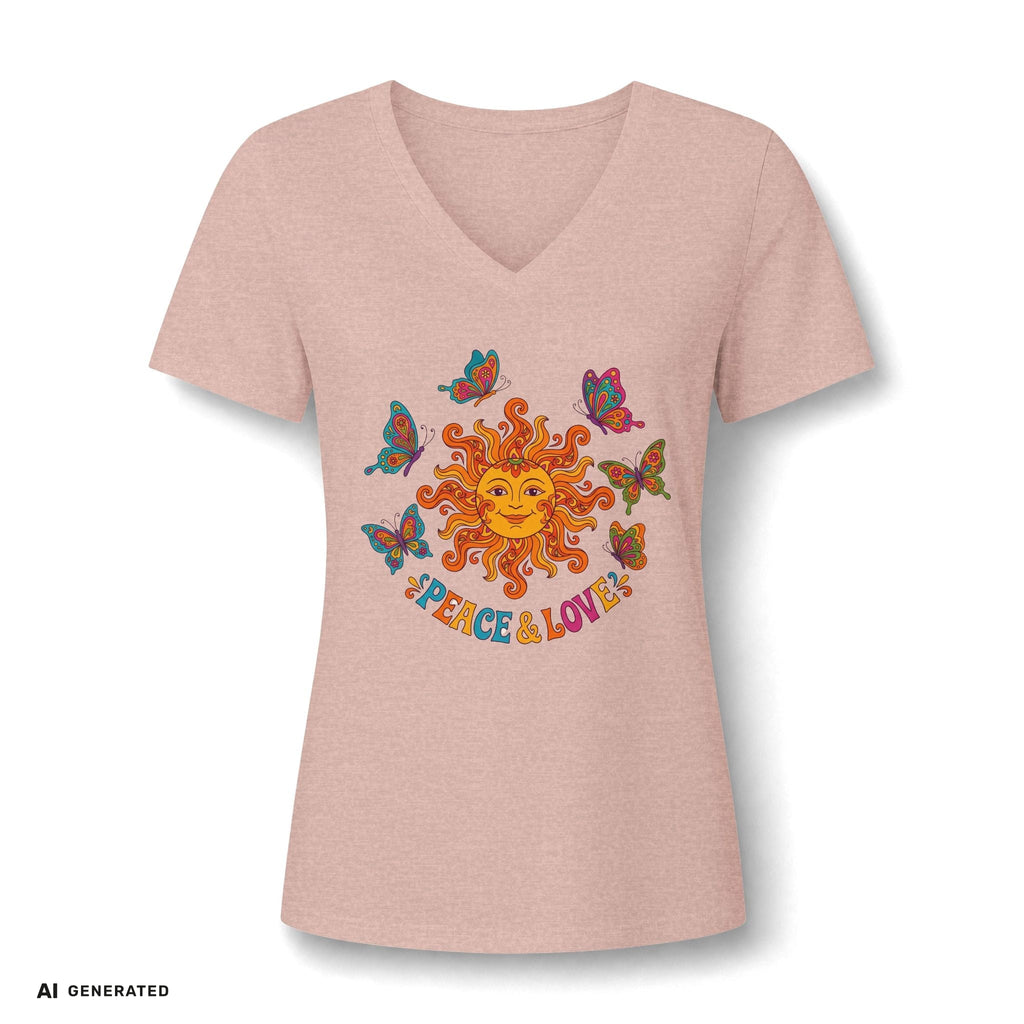 Peace & Love Sunflower Tee – Retro Boho V-Neck Damen | musikworlds Artist Collection – AI GENERATED / KI-GENERIERT