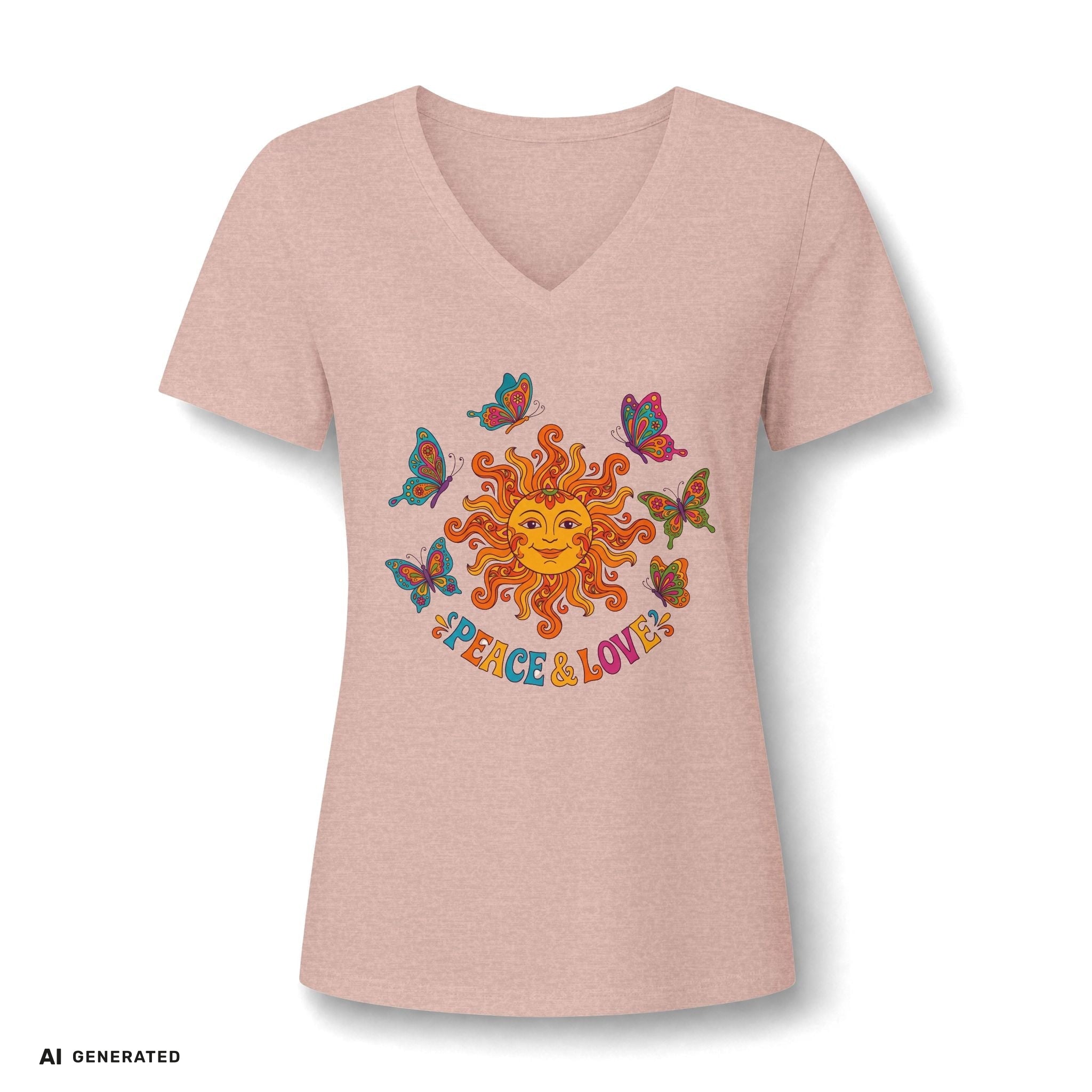 Peace & Love Sunflower Tee – Retro Boho V-Neck Damen | musikworlds Artist Collection – AI GENERATED / KI-GENERIERT