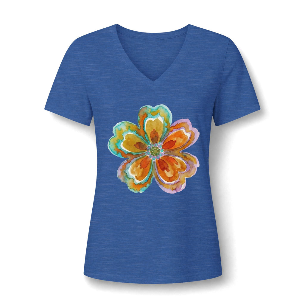 Damen V-Neck Watercolor Floral Bloom – Orange & Türkis Shirt | musikworlds Artist Collection