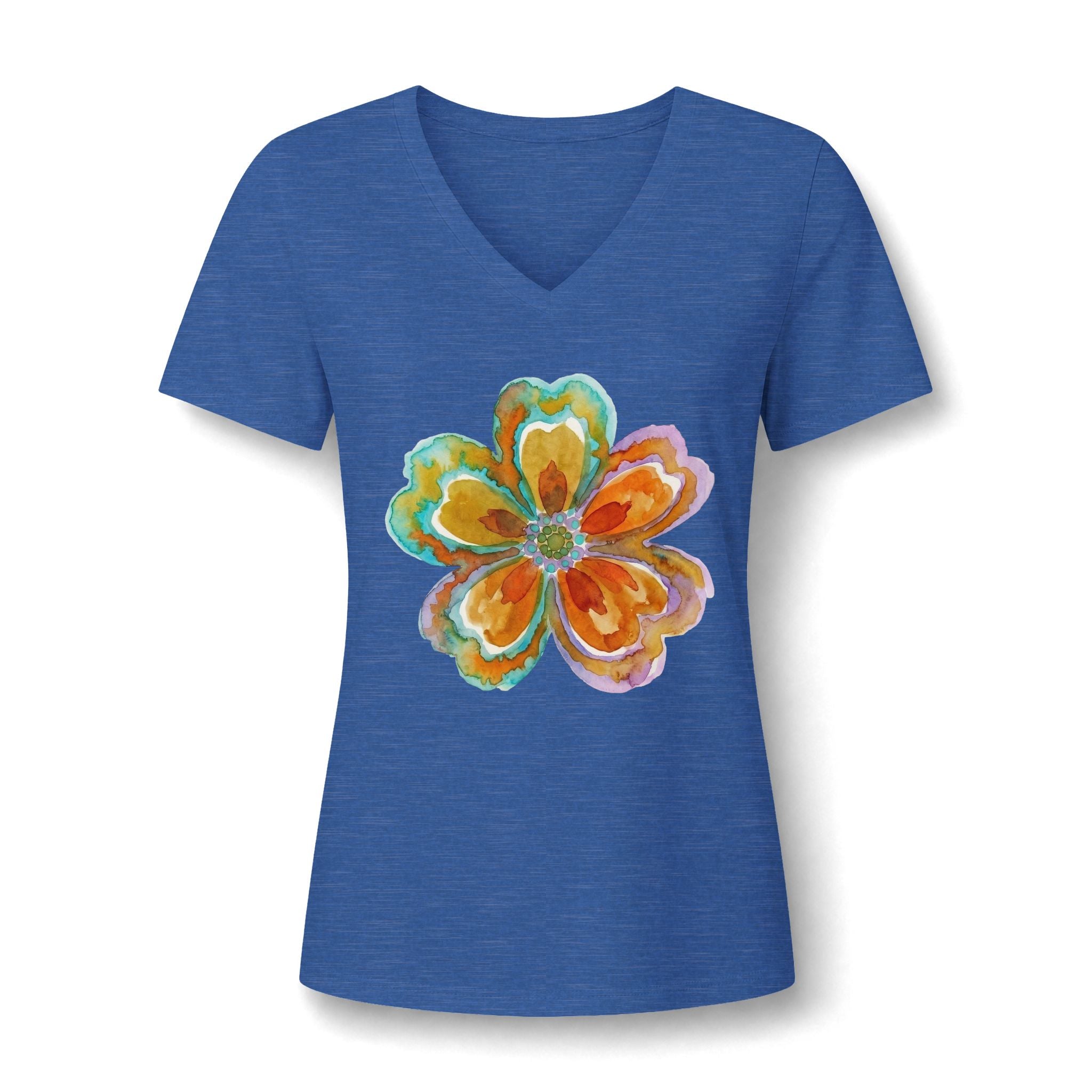 Damen V-Neck Watercolor Floral Bloom – Orange & Türkis Shirt | musikworlds Artist Collection