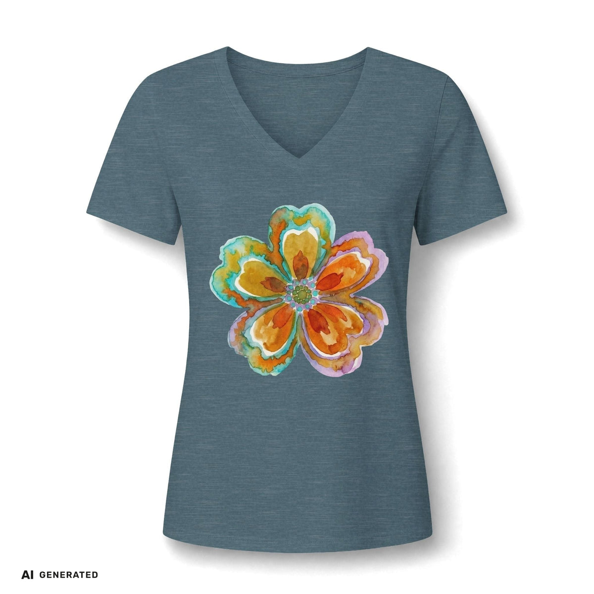 Damen V-Neck Watercolor Floral Bloom – Orange & Türkis Shirt | musikworlds Artist Collection – AI GENERATED / KI-GENERIERT