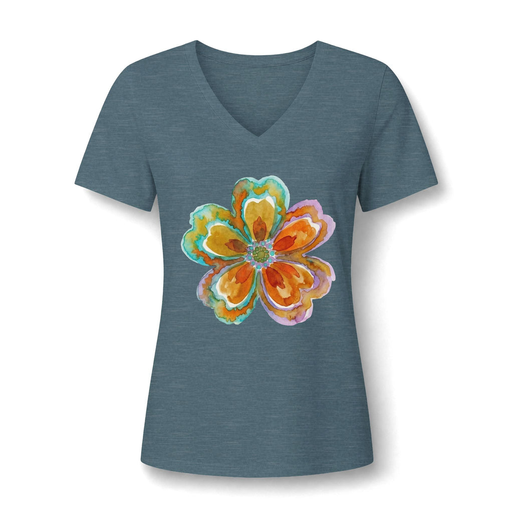 Damen V-Neck Watercolor Floral Bloom – Orange & Türkis Shirt | musikworlds Artist Collection