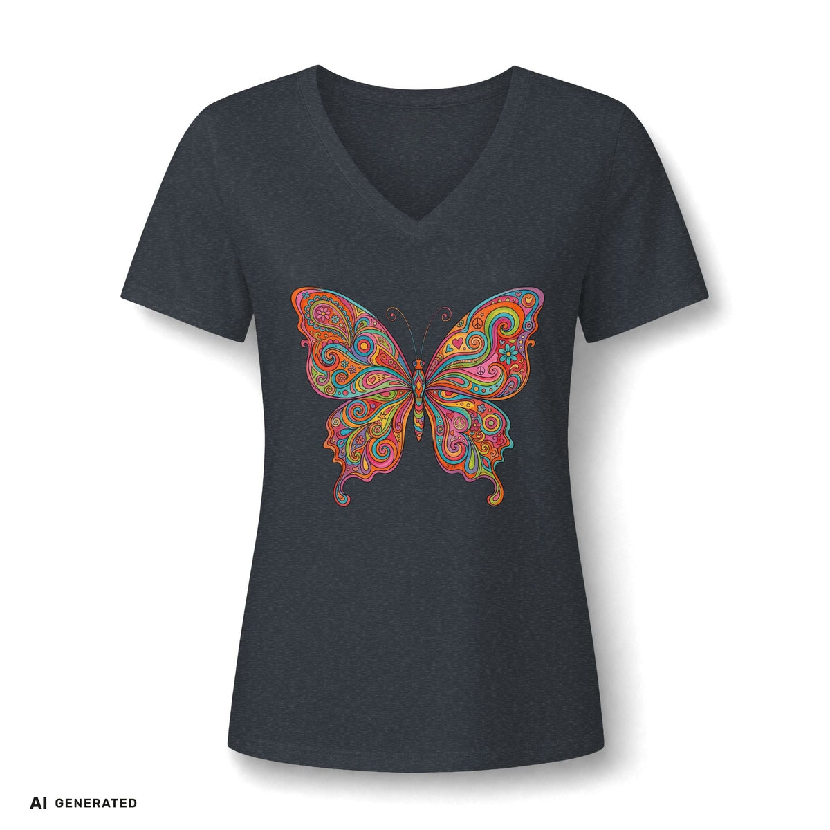 Butterfly Paisley V-Neck Tee – Buntes Boho Damen-Shirt | musikworlds Artist Collection – AI GENERATED / KI-GENERIERT
