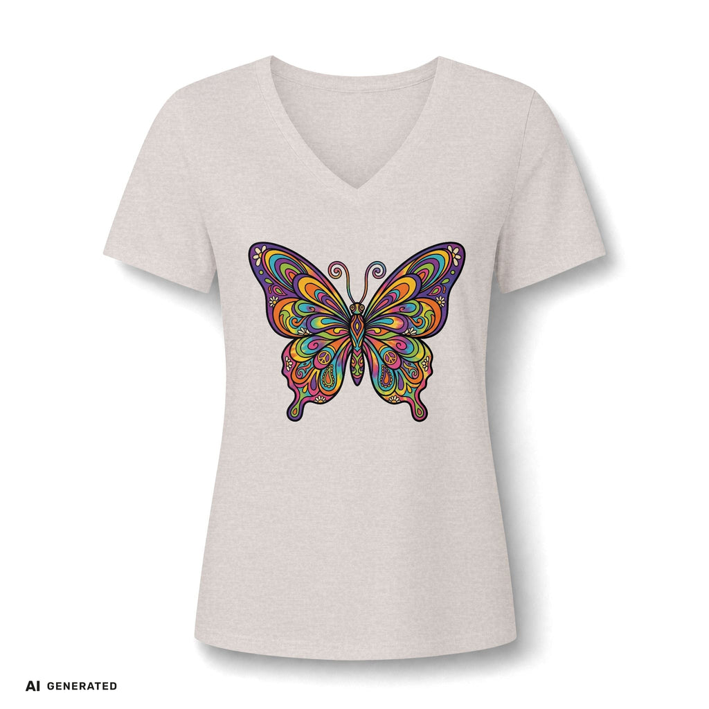 Damen V-Neck Butterfly Tee – Buntes Boho Schmetterlings-Shirt | musikworlds Artist Collection – AI GENERATED / KI-GENERIERT