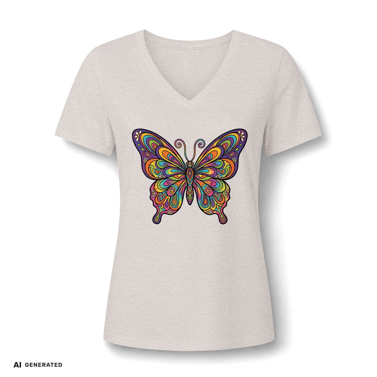 Damen V-Neck Butterfly Tee – Buntes Boho Schmetterlings-Shirt | musikworlds Artist Collection – AI GENERATED / KI-GENERIERT