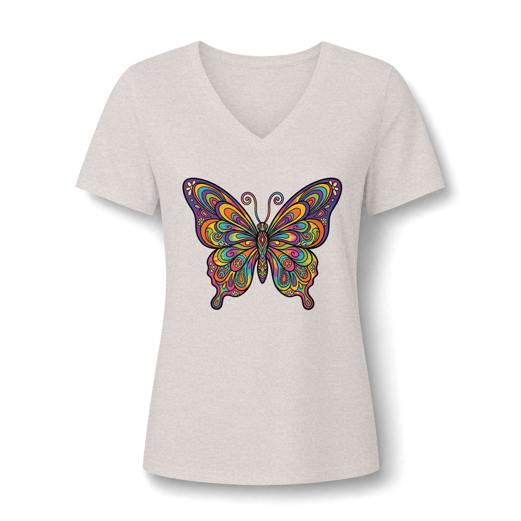 Damen V-Neck Butterfly Tee – Buntes Boho Schmetterlings-Shirt | musikworlds Artist Collection