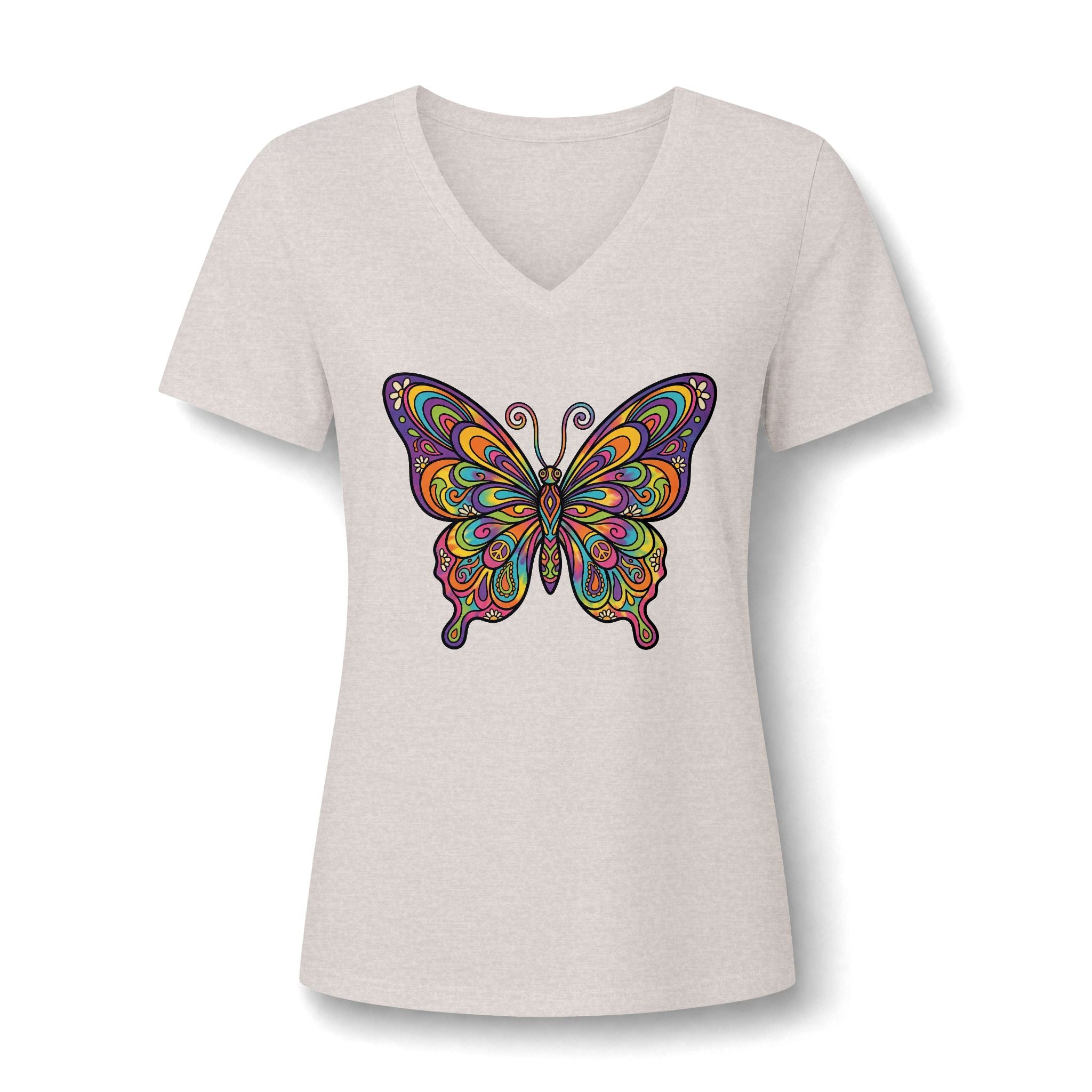 Damen V-Neck Butterfly Tee – Buntes Boho Schmetterlings-Shirt | musikworlds Artist Collection