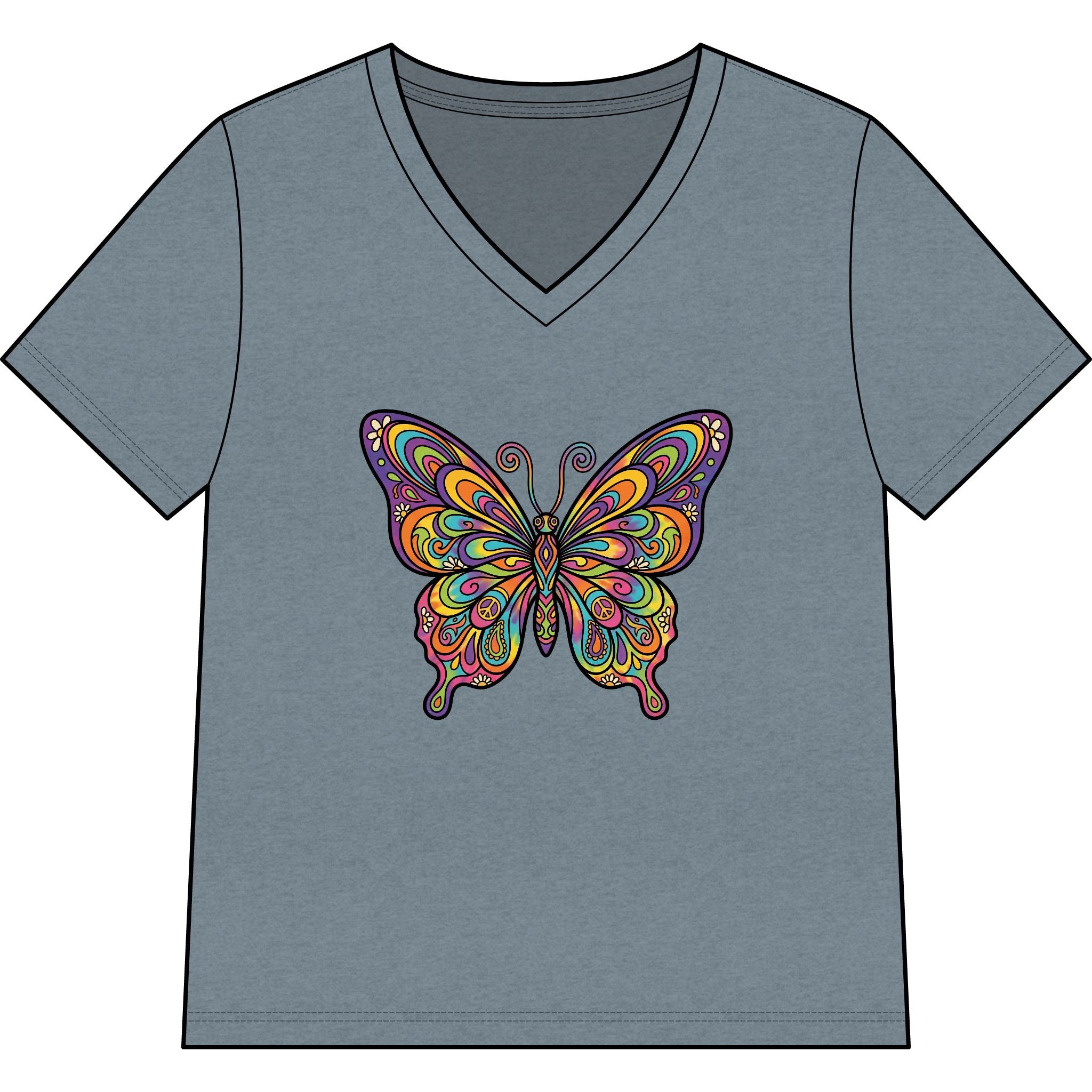 Women's V-Neck Butterfly Tee — Colorful Boho Butterfly Graphic Shirt