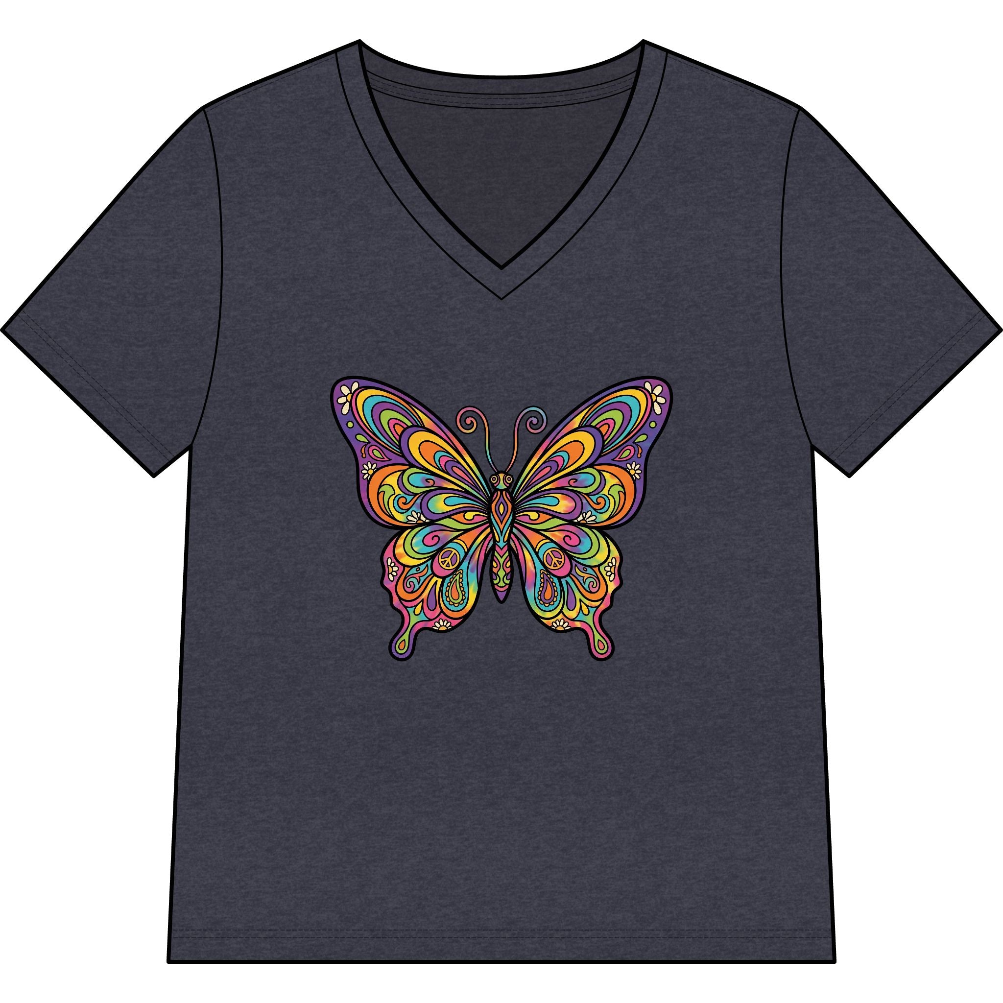 Women's V-Neck Butterfly Tee — Colorful Boho Butterfly Graphic Shirt
