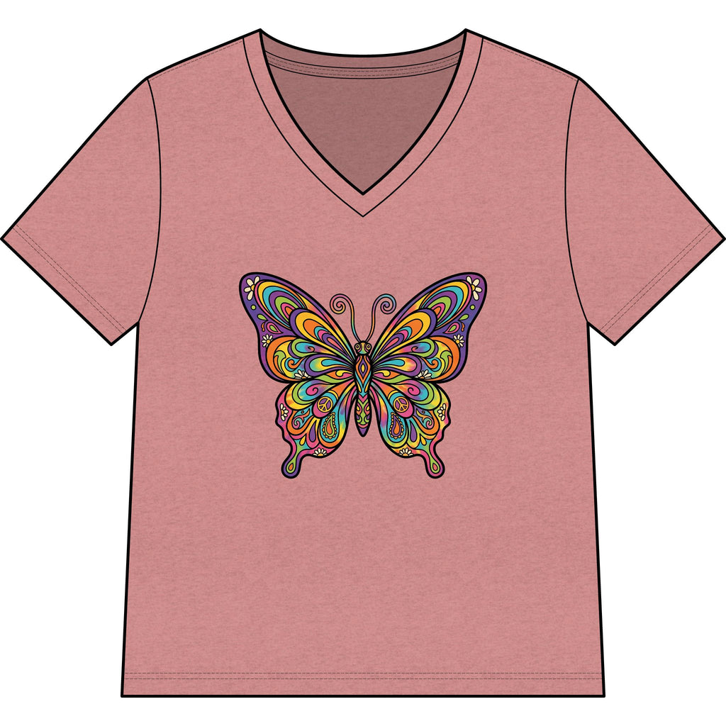 Women's V-Neck Butterfly Tee — Colorful Boho Butterfly Graphic Shirt