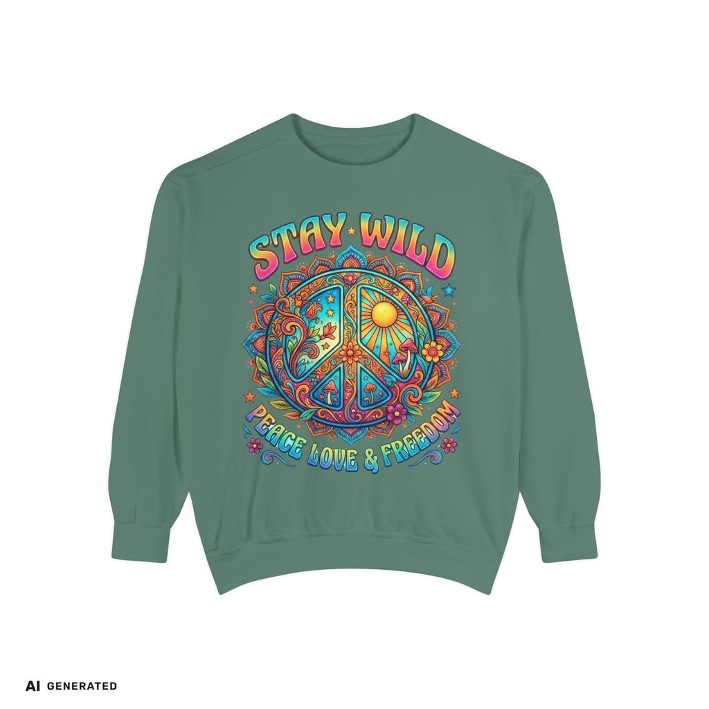 Stay Wild Peace Sign Sweatshirt – Retro Hippie Crewneck | musikworlds Artist Collection – AI GENERATED / KI-GENERIERT