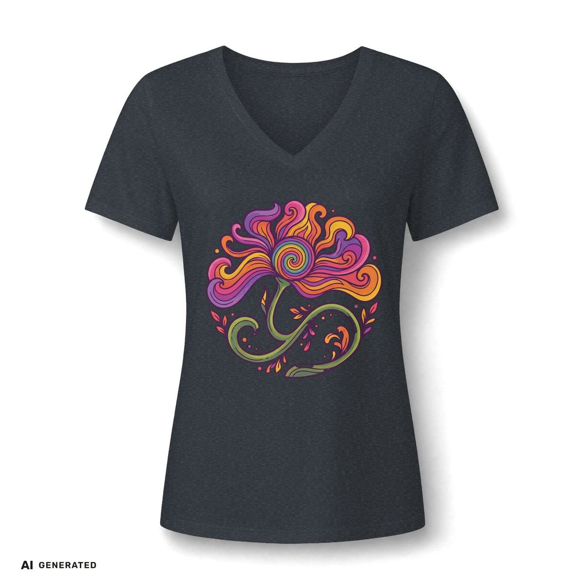 Floral Swirl V-Neck Tee – Boho Blumen Graphic Tee Damen | musikworlds Artist Collection – AI GENERATED / KI-GENERIERT