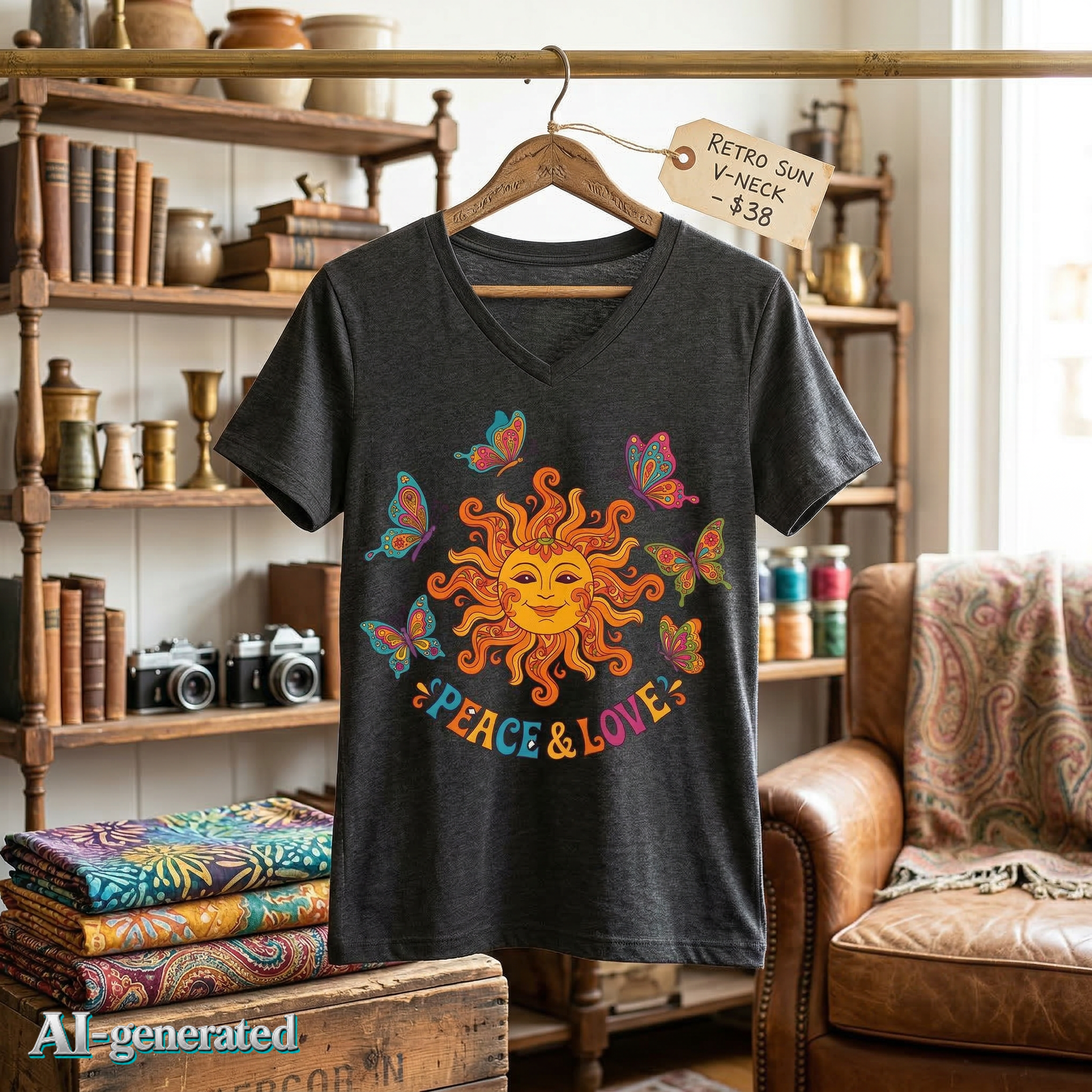 EU AI label - Peace & Love Sunflower Tee – Retro Boho V-Neck Damen | musikworlds