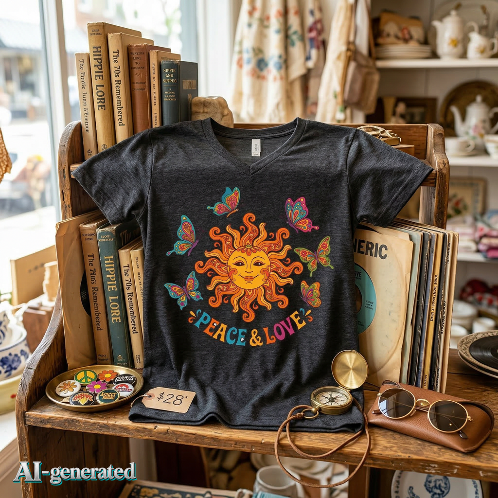 EU AI label - Peace & Love Sunflower Tee – Retro Boho V-Neck Damen | musikworlds