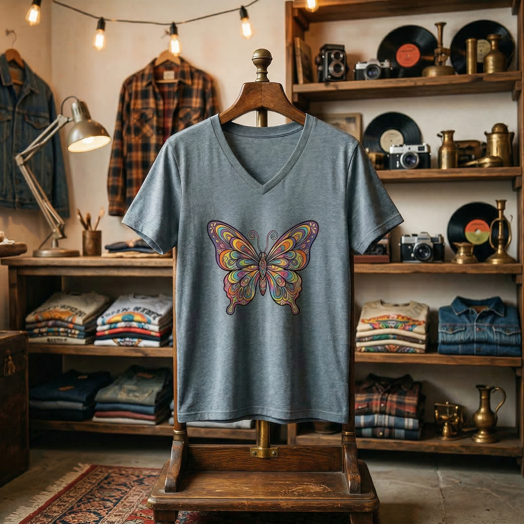 Women's V-Neck Butterfly Tee — Colorful Boho Butterfly Graphic Shirt