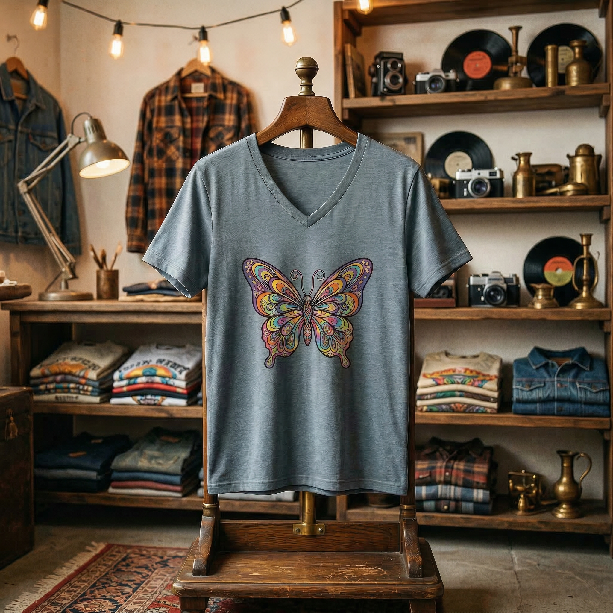 Women's V-Neck Butterfly Tee — Colorful Boho Butterfly Graphic Shirt
