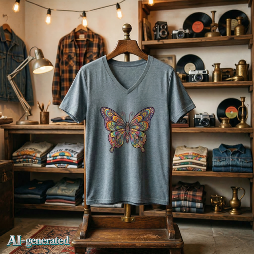 EU AI label - Damen V-Neck Butterfly Tee – Buntes Boho Schmetterlings-Shirt | musikworlds
