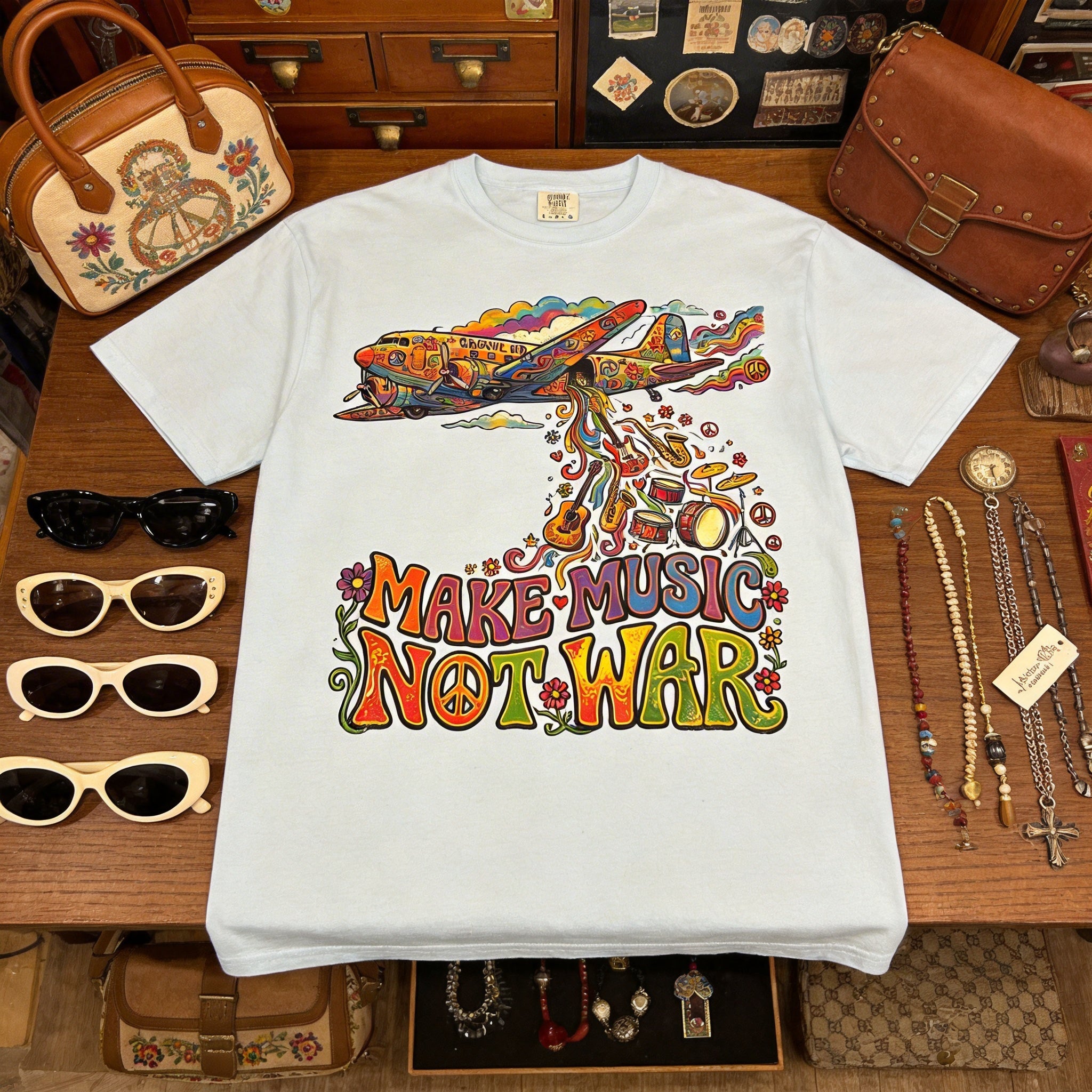 Make Music Not War T-Shirt — Retro Psychedelic Peace & Music Graphic Tee