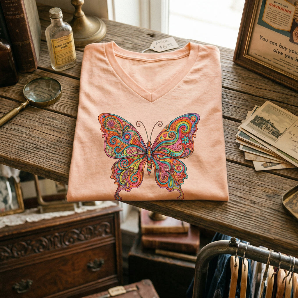 Butterfly Paisley V-Neck Tee — Colorful Boho Floral Graphic for Women