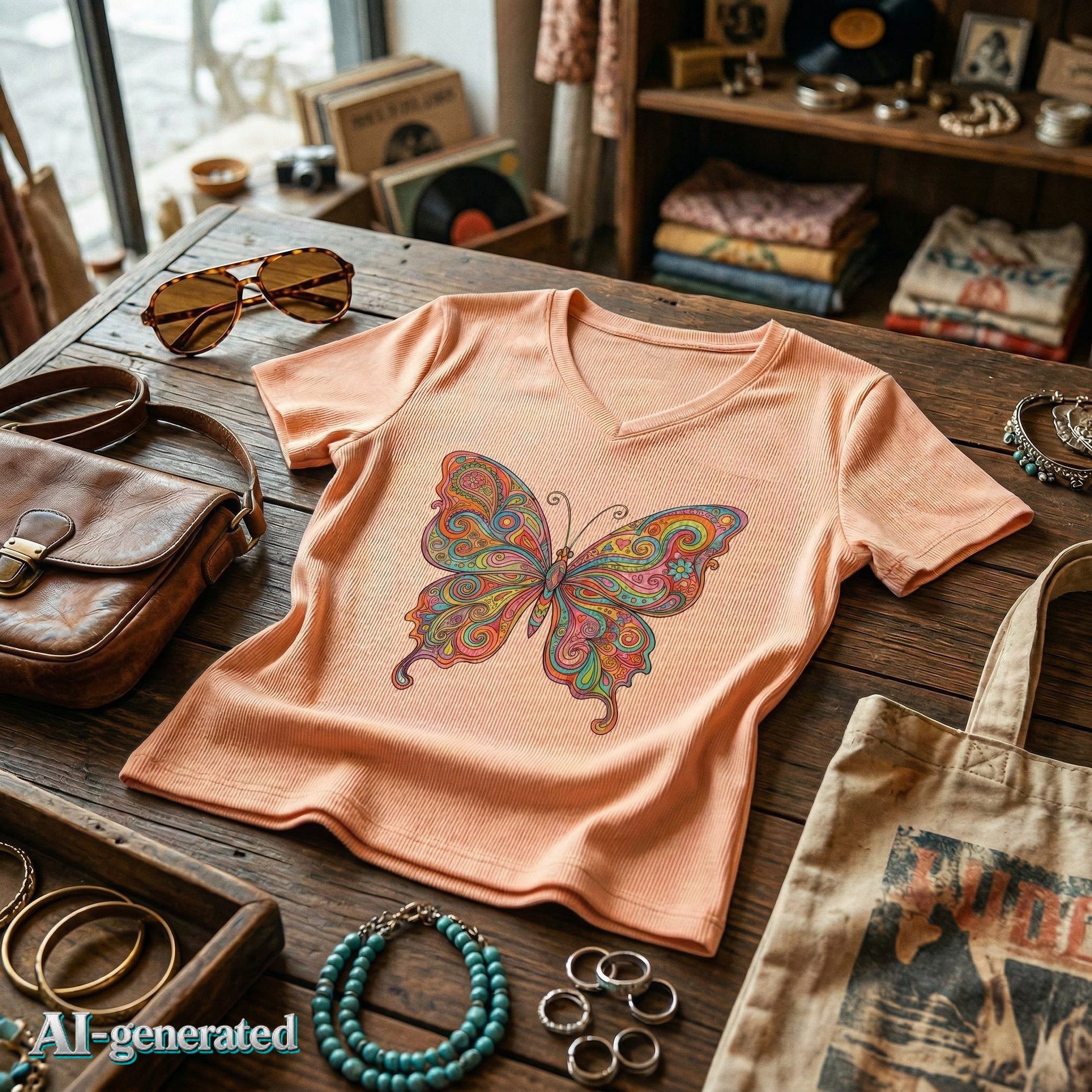 EU AI label - Butterfly Paisley V-Neck Tee – Buntes Boho Damen-Shirt | musikworlds