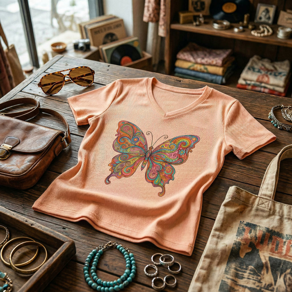 Butterfly Paisley V-Neck Tee — Colorful Boho Floral Graphic for Women