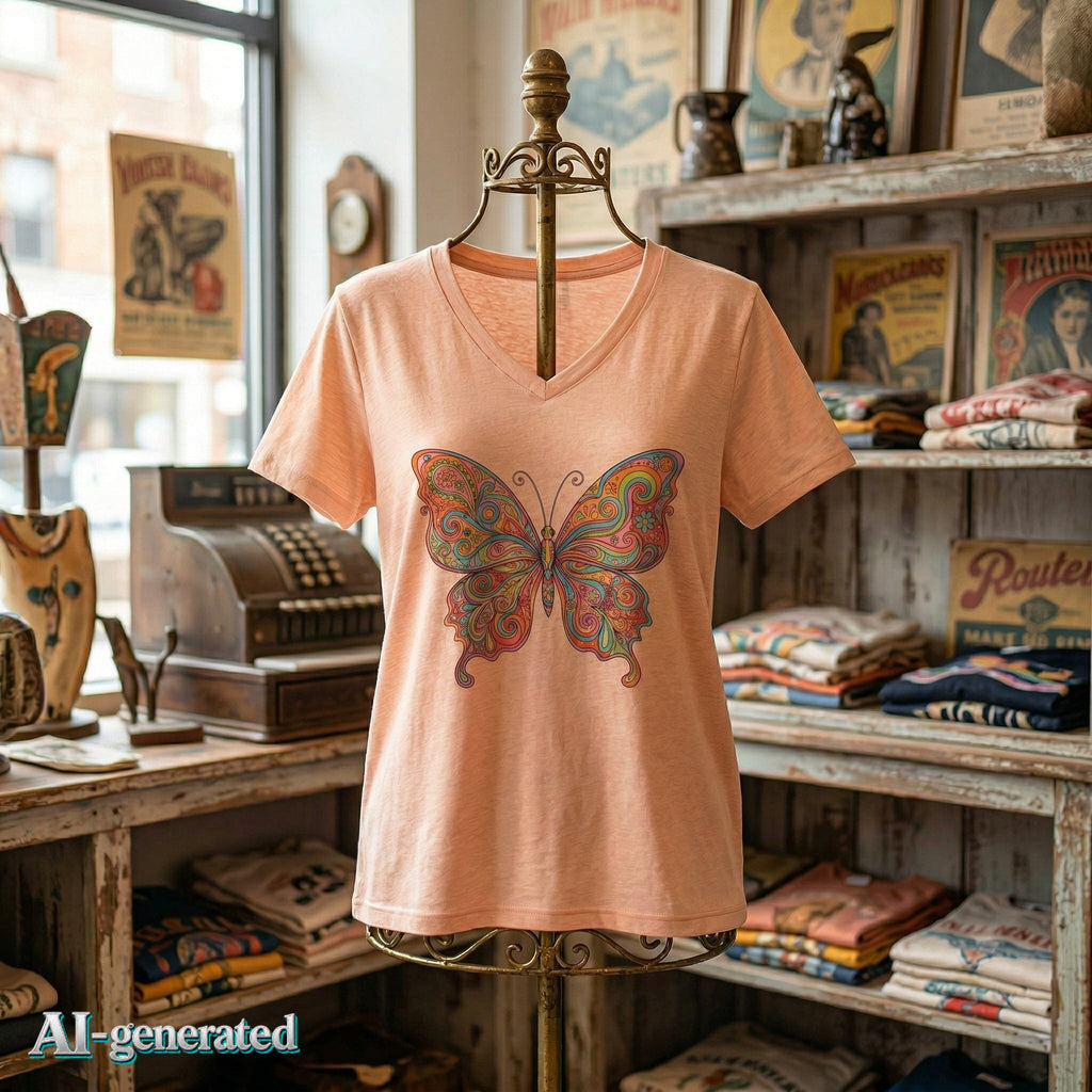 EU AI label - Butterfly Paisley V-Neck Tee – Buntes Boho Damen-Shirt | musikworlds
