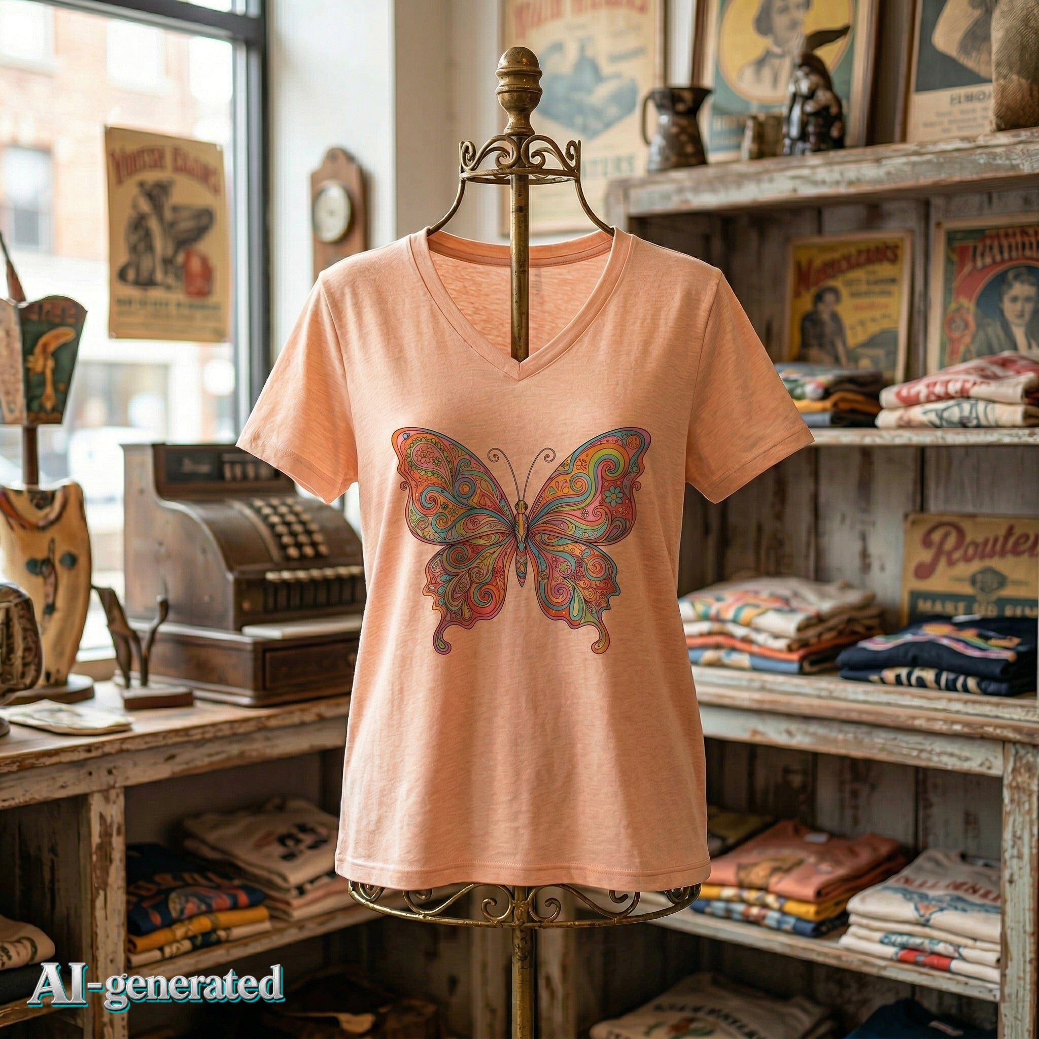 EU AI label - Butterfly Paisley V-Neck Tee – Buntes Boho Damen-Shirt | musikworlds