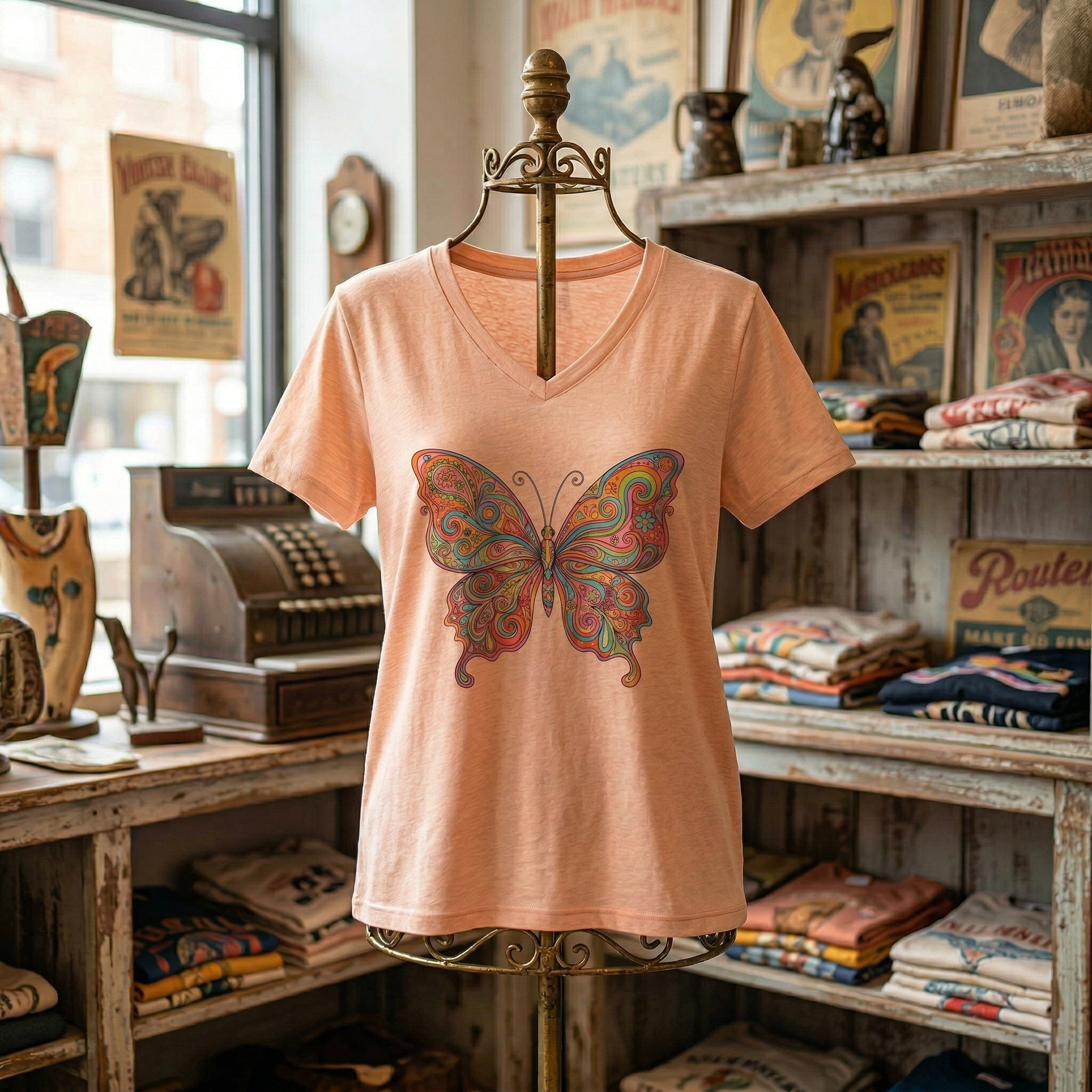Butterfly Paisley V-Neck Tee — Colorful Boho Floral Graphic for Women