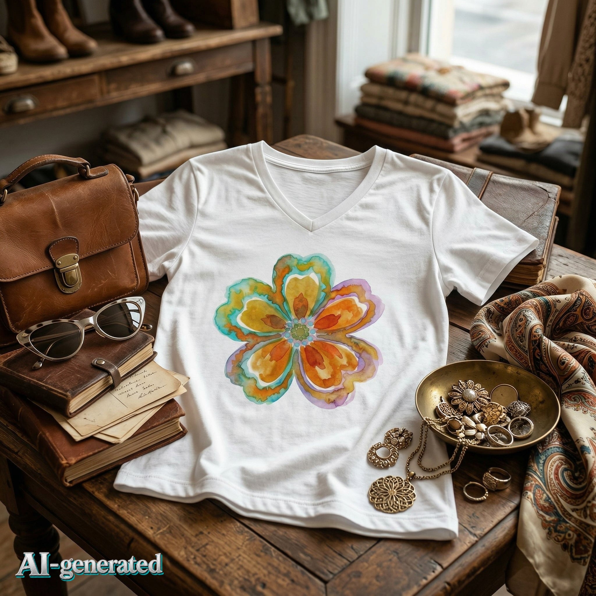 EU AI label - Damen V-Neck Watercolor Floral Bloom – Orange & Türkis Shirt | musikworlds