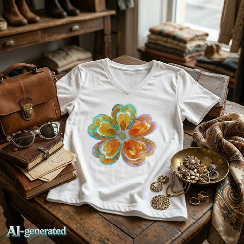 EU AI label - Damen V-Neck Watercolor Floral Bloom – Orange & Türkis Shirt | musikworlds