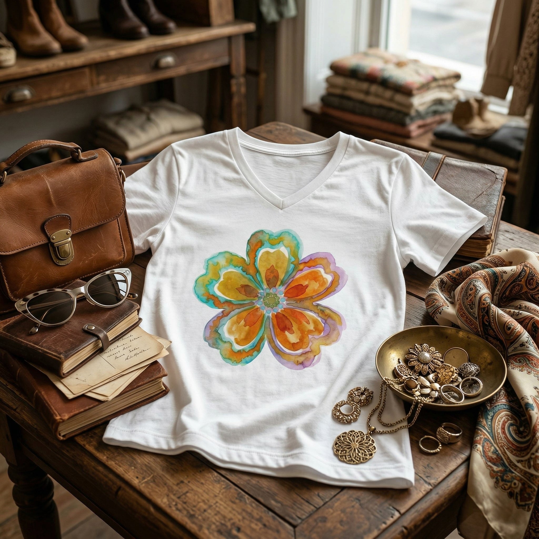 Women's V-Neck Tee with Watercolor Floral Bloom — Bright Orange & Turquoise Flower