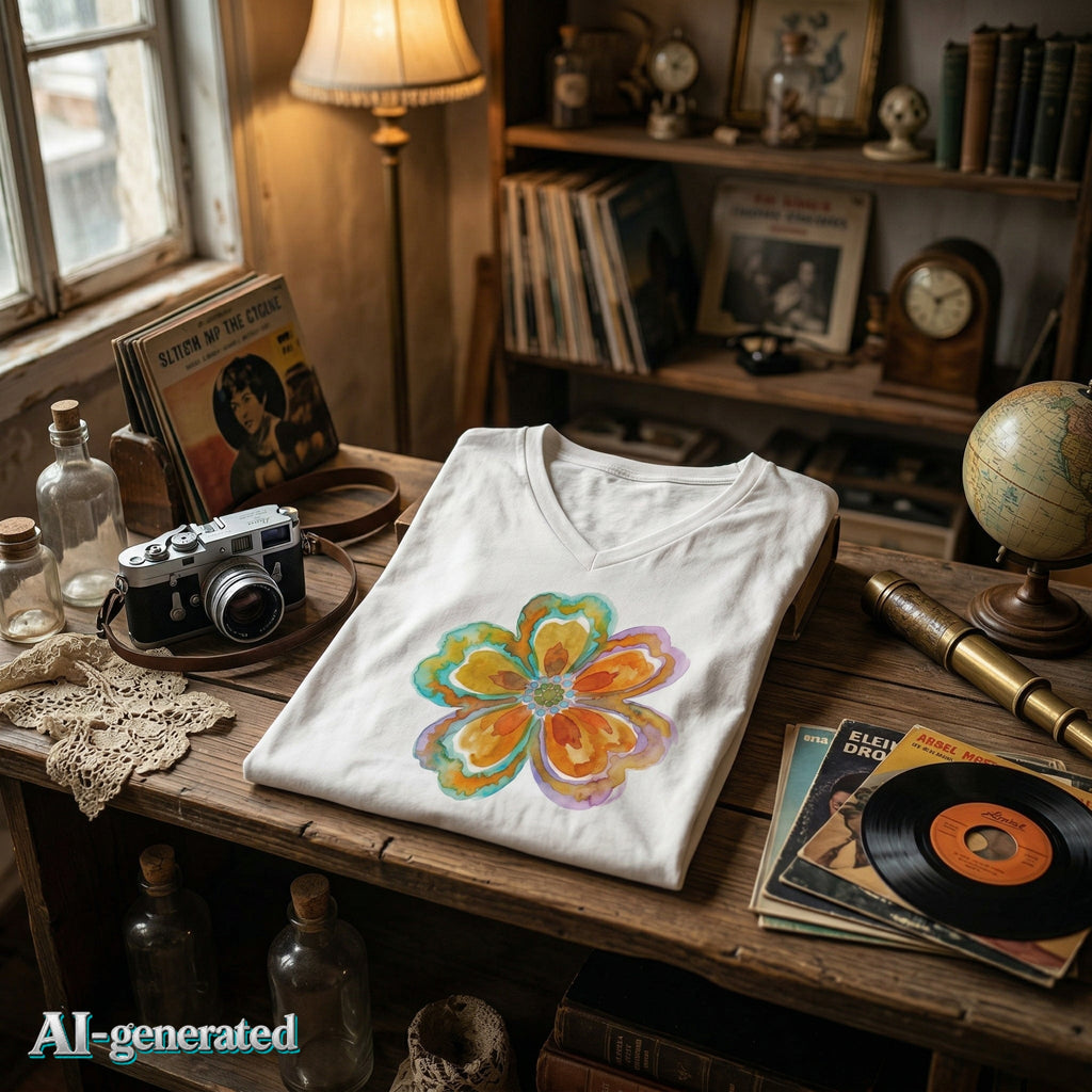 EU AI label - Damen V-Neck Watercolor Floral Bloom – Orange & Türkis Shirt | musikworlds