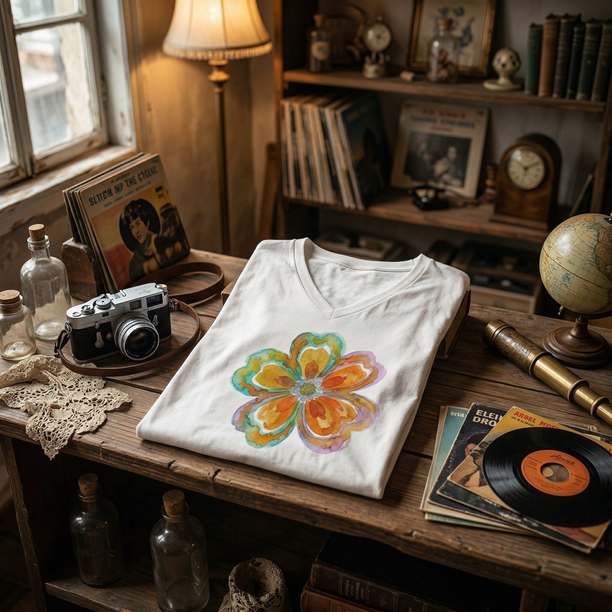 Women's V-Neck Tee with Watercolor Floral Bloom — Bright Orange & Turquoise Flower