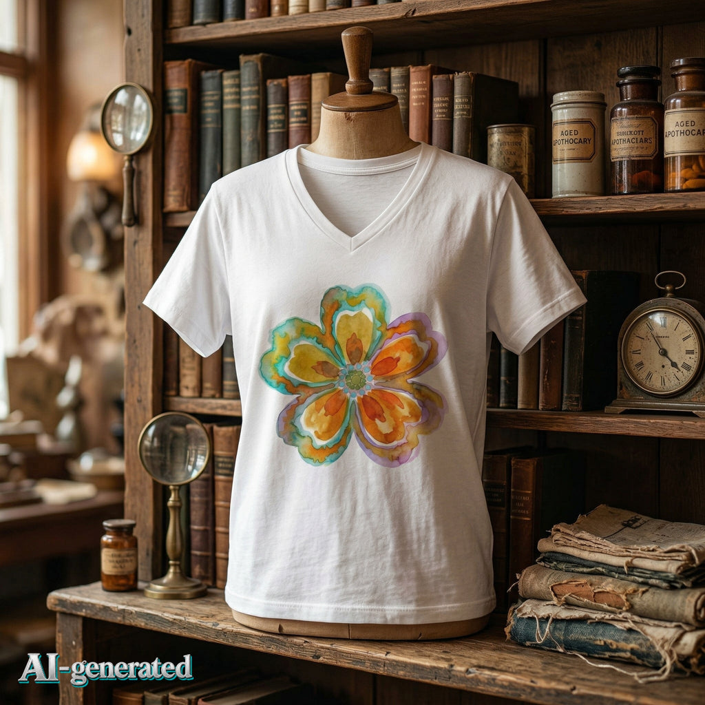 EU AI label - Damen V-Neck Watercolor Floral Bloom – Orange & Türkis Shirt | musikworlds