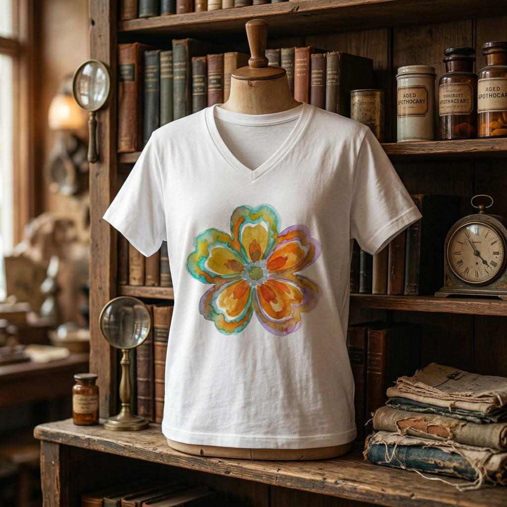 Women's V-Neck Tee with Watercolor Floral Bloom — Bright Orange & Turquoise Flower