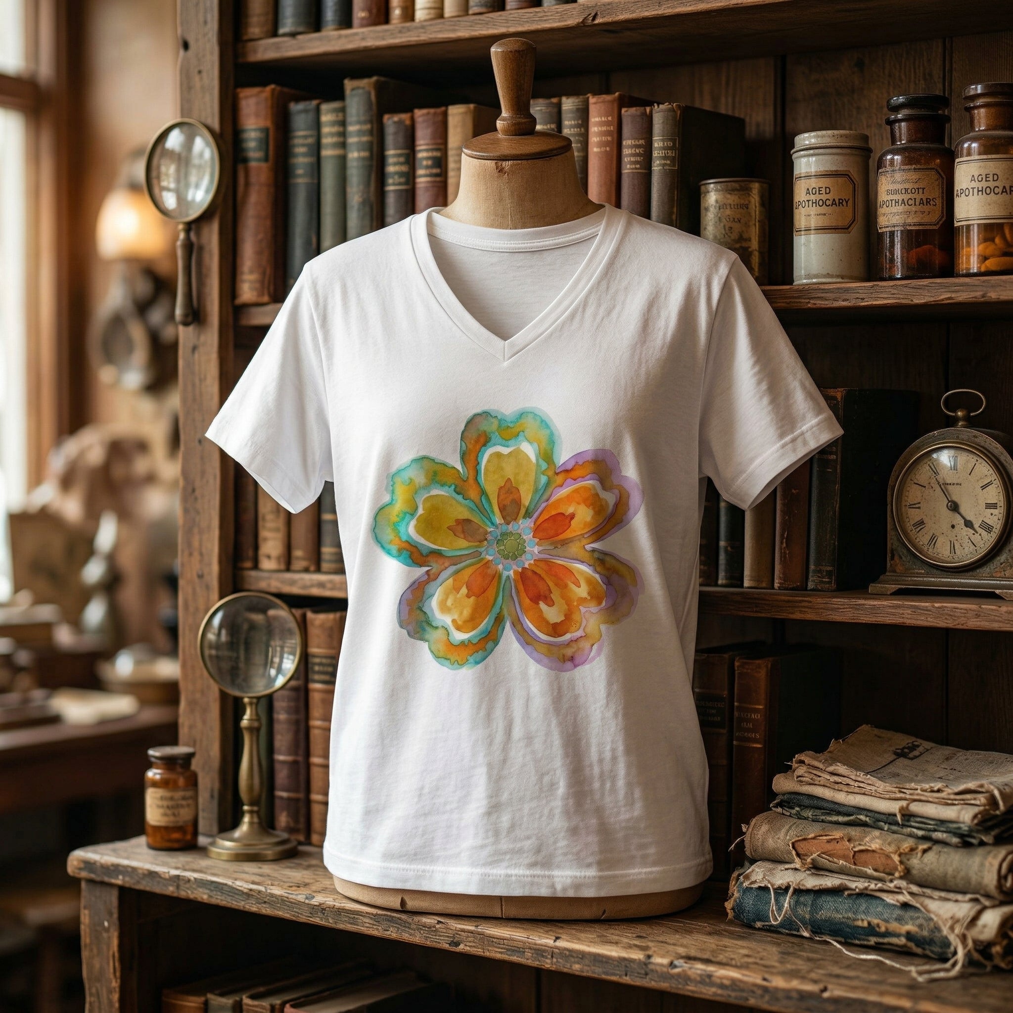 Women's V-Neck Tee with Watercolor Floral Bloom — Bright Orange & Turquoise Flower