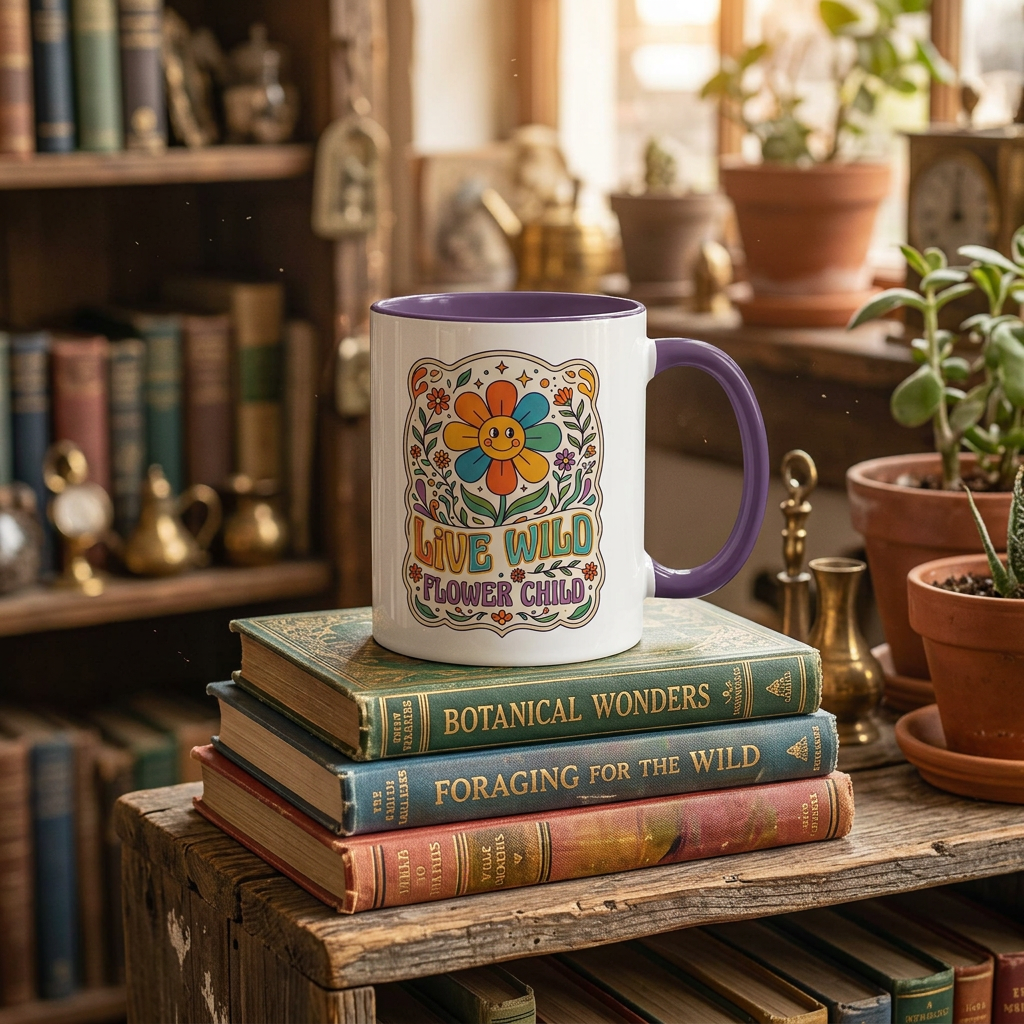 Live Wild Flower Child Coffee Mug – Retro Floral Smiley Design (11/15oz)